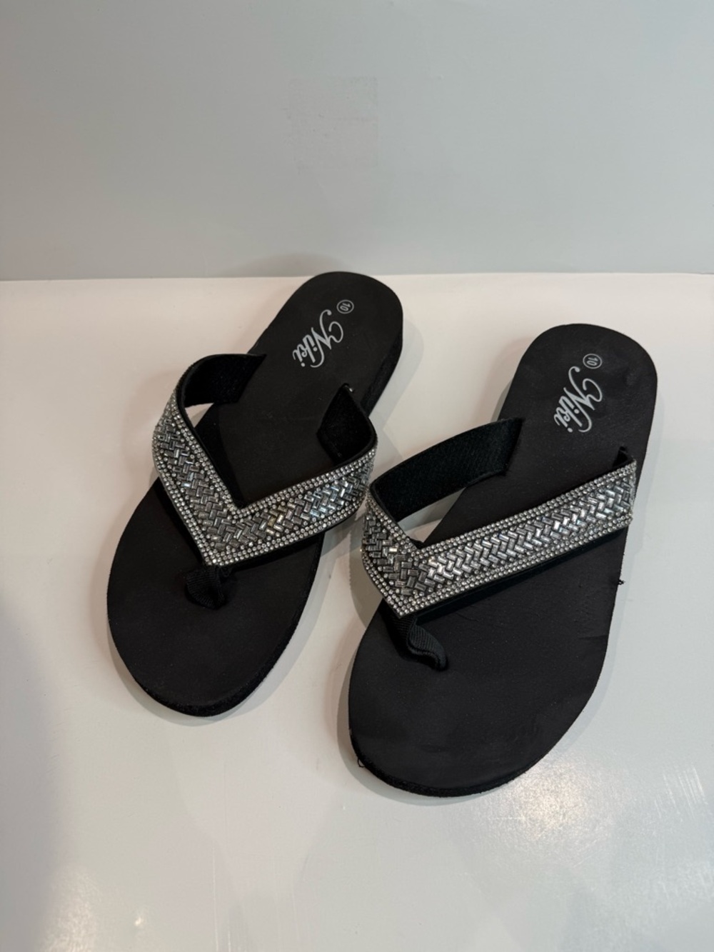 Niki Black Rhinestone Basketweave Bling Flip Flops - Size 10
